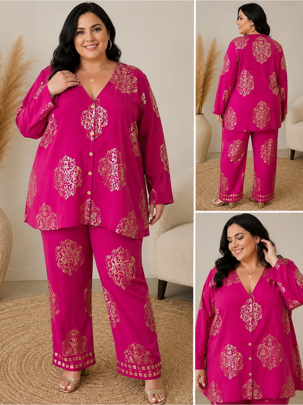 Diane Gilman Womenβsβ 2X 100% Silk 2 Piece Tunic & Pants Set Pink Gold Print